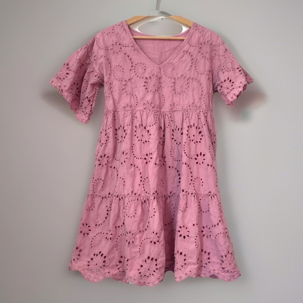 Valentina Naldi Womens XS Eyelet Tiered Mini Dress  Pink V Neck Floral Boho Date